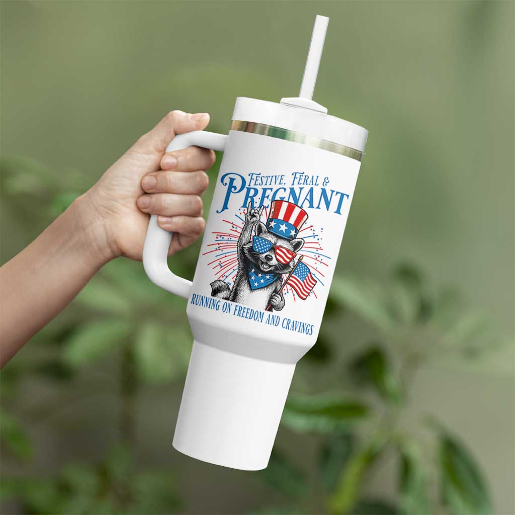 Funny Festive Feral and Pregnant Tumbler With Handle Running On Freedom And Cravings 4th of July Maternity Raccoon - Wonder Print Shop