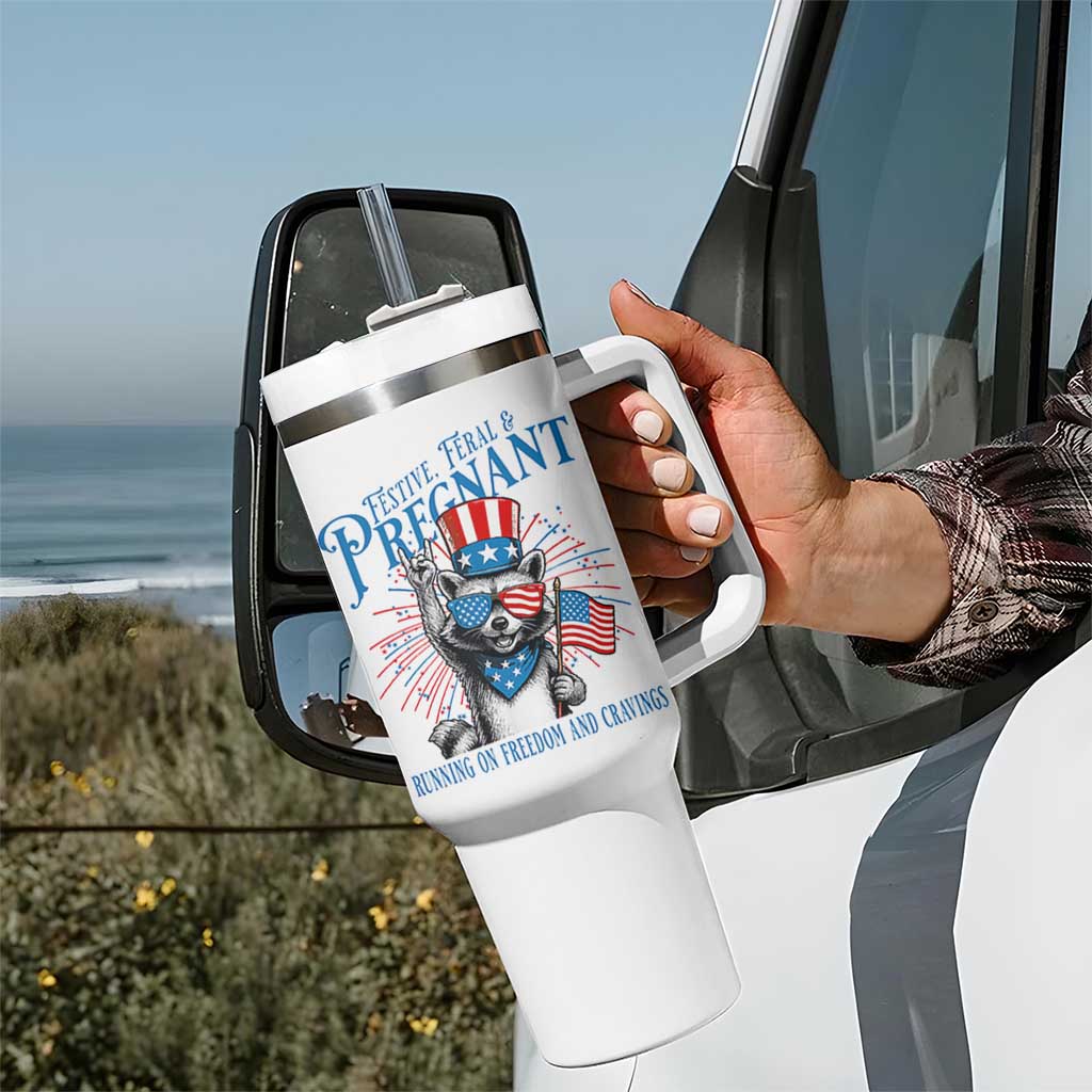 Funny Festive Feral and Pregnant Tumbler With Handle Running On Freedom And Cravings 4th of July Maternity Raccoon - Wonder Print Shop