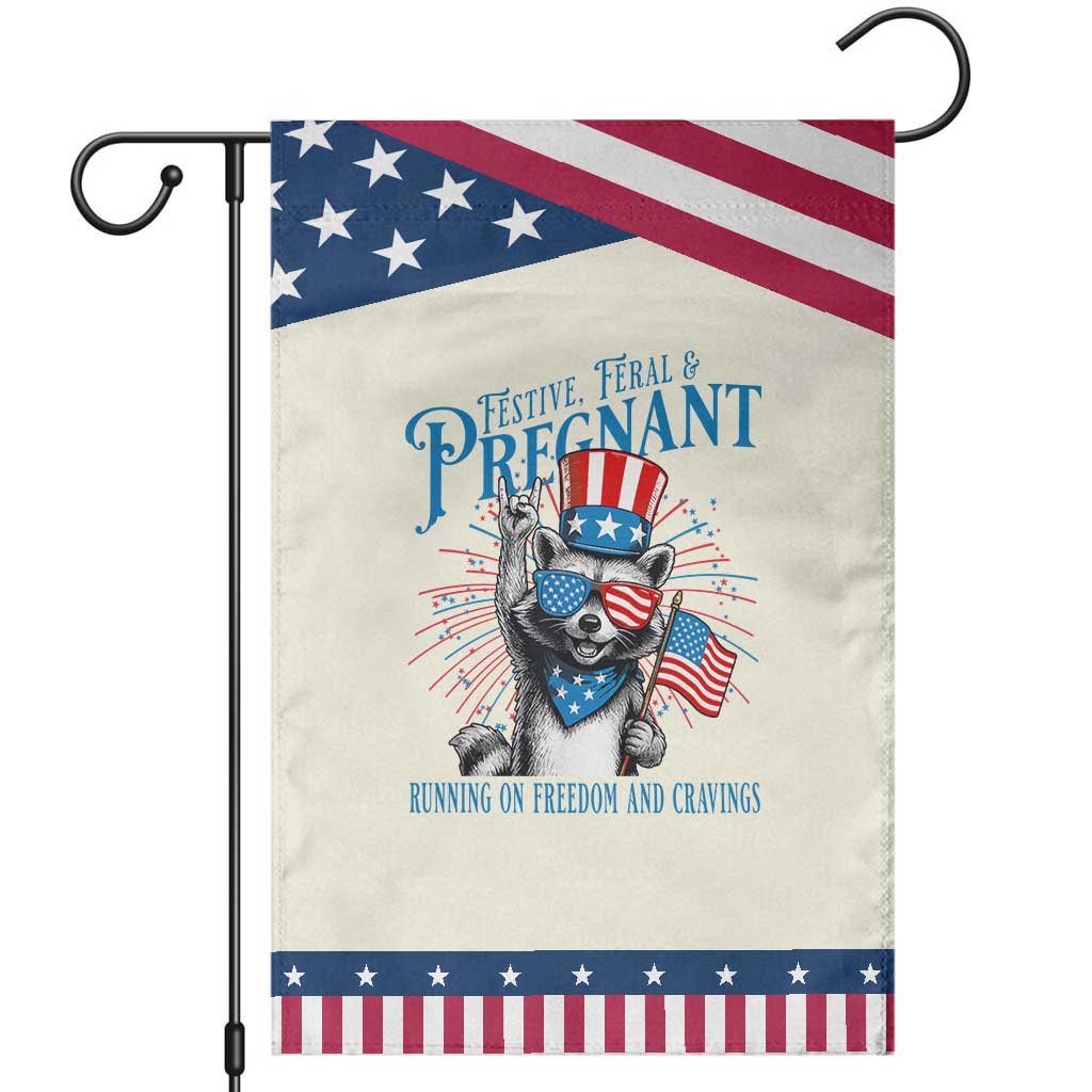 Funny Festive Feral and Pregnant Garden Flag Running On Freedom And Cravings 4th of July Maternity Raccoon