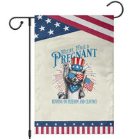 Funny Festive Feral and Pregnant Garden Flag Running On Freedom And Cravings 4th of July Maternity Raccoon