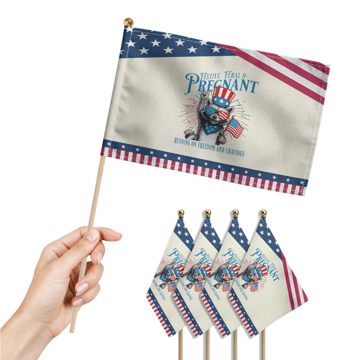 Funny Festive Feral and Pregnant Patriotic Handheld Flag Running On Freedom And Cravings 4th of July Maternity Raccoon