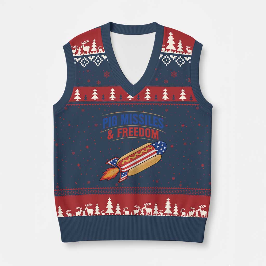 Pig Missiles And Freedom Hot Dog 4th of July Humor V-Neck Knit Sweater Vest