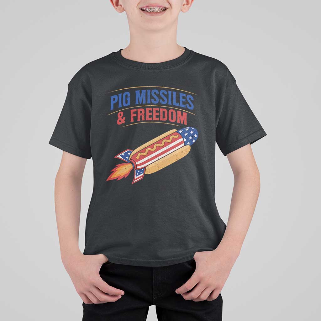 Pig Missiles And Freedom Hot Dog 4th of July Humor T Shirt For Kid