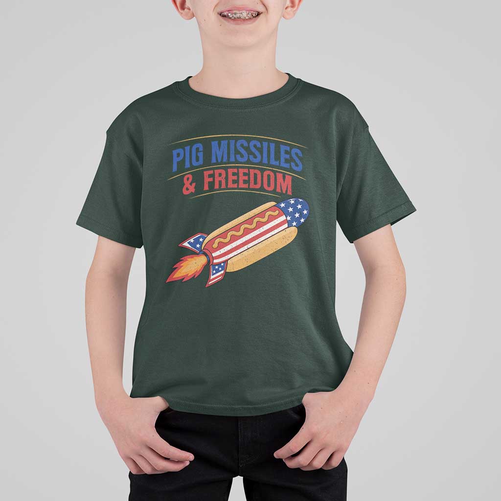 Pig Missiles And Freedom Hot Dog 4th of July Humor T Shirt For Kid