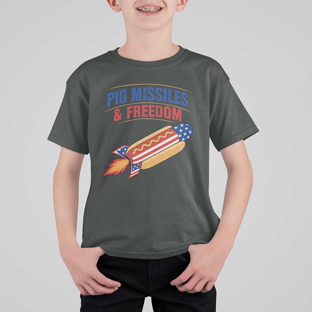 Pig Missiles And Freedom Hot Dog 4th of July Humor T Shirt For Kid