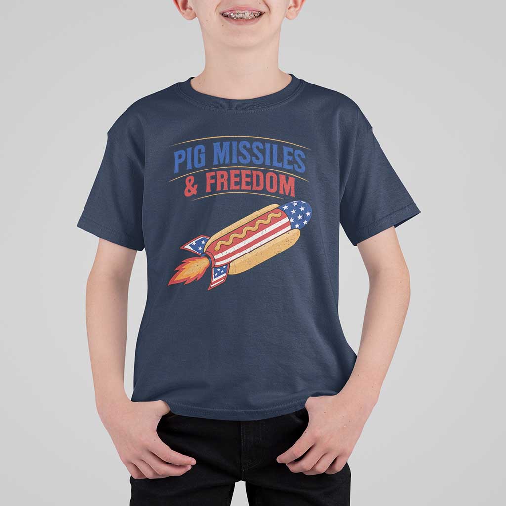 Pig Missiles And Freedom Hot Dog 4th of July Humor T Shirt For Kid