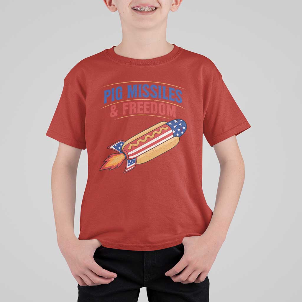 Pig Missiles And Freedom Hot Dog 4th of July Humor T Shirt For Kid