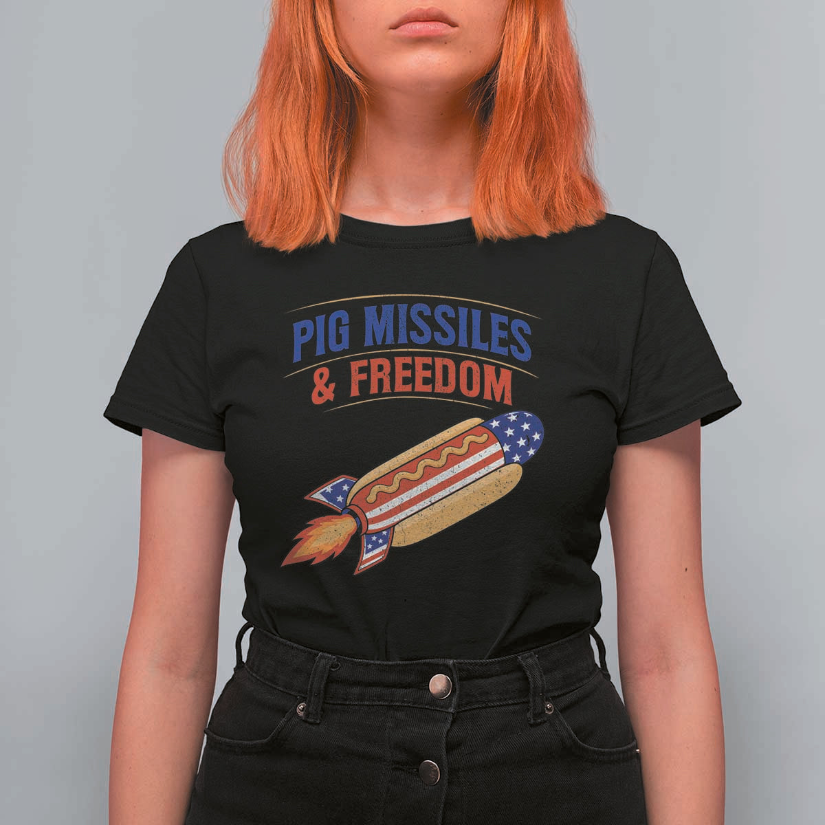 Pig Missiles And Freedom Hot Dog 4th of July Humor T Shirt For Women