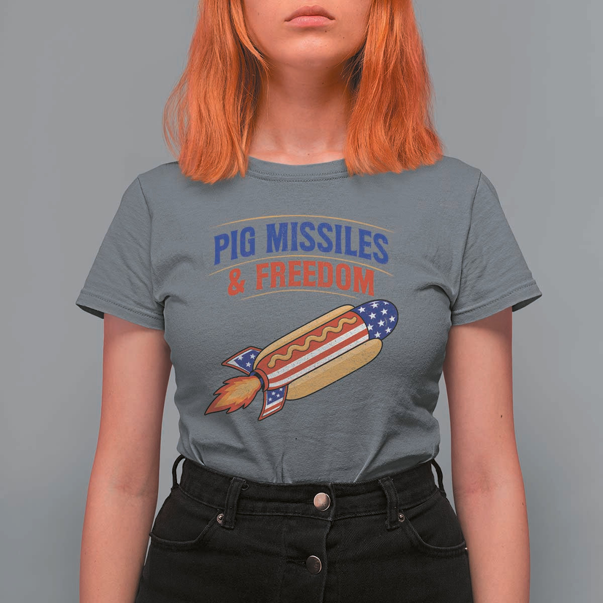 Pig Missiles And Freedom Hot Dog 4th of July Humor T Shirt For Women