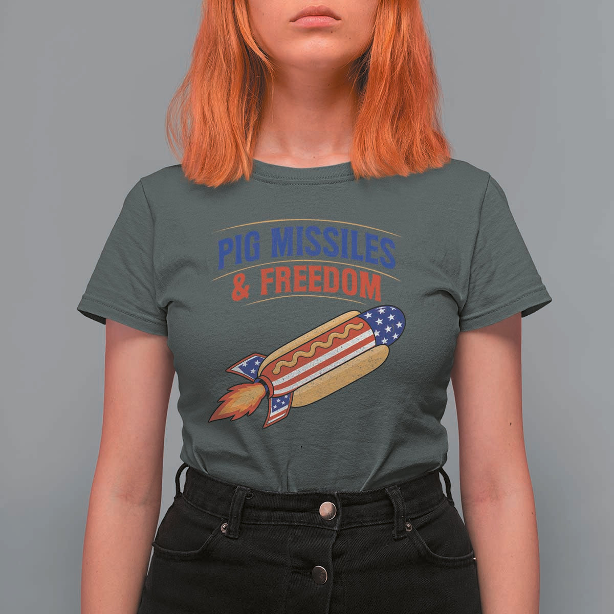 Pig Missiles And Freedom Hot Dog 4th of July Humor T Shirt For Women