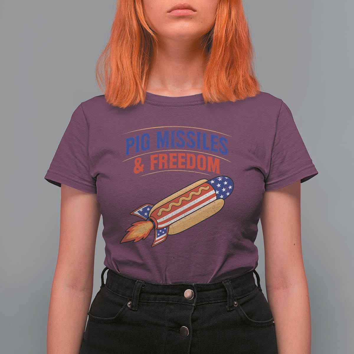 Pig Missiles And Freedom Hot Dog 4th of July Humor T Shirt For Women
