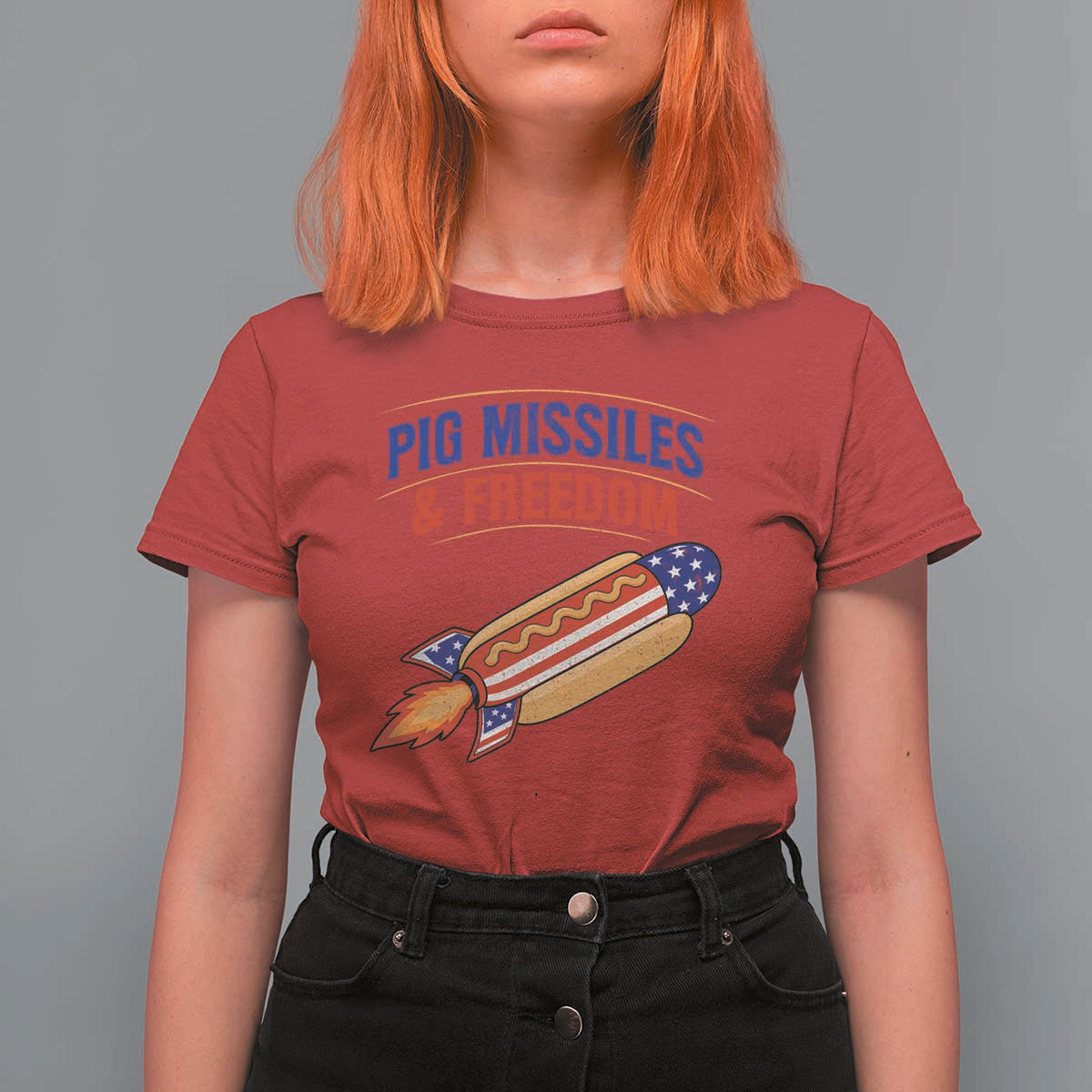 Pig Missiles And Freedom Hot Dog 4th of July Humor T Shirt For Women