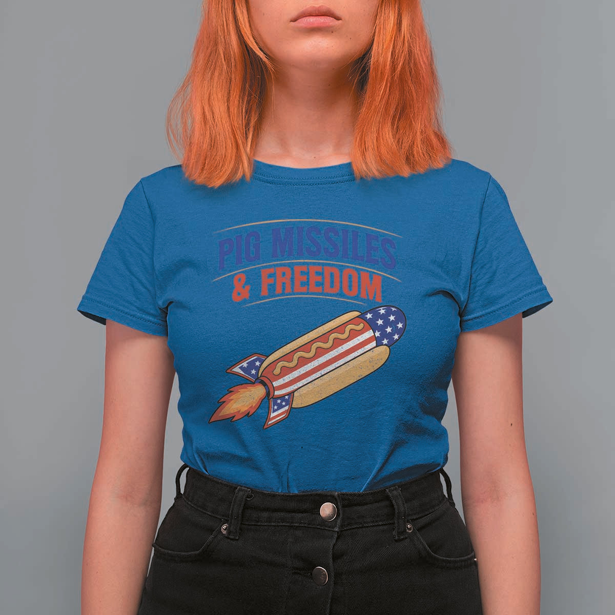 Pig Missiles And Freedom Hot Dog 4th of July Humor T Shirt For Women