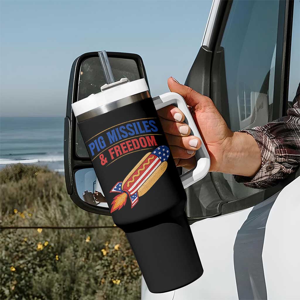 Pig Missiles And Freedom Hot Dog 4th of July Humor Tumbler With Handle