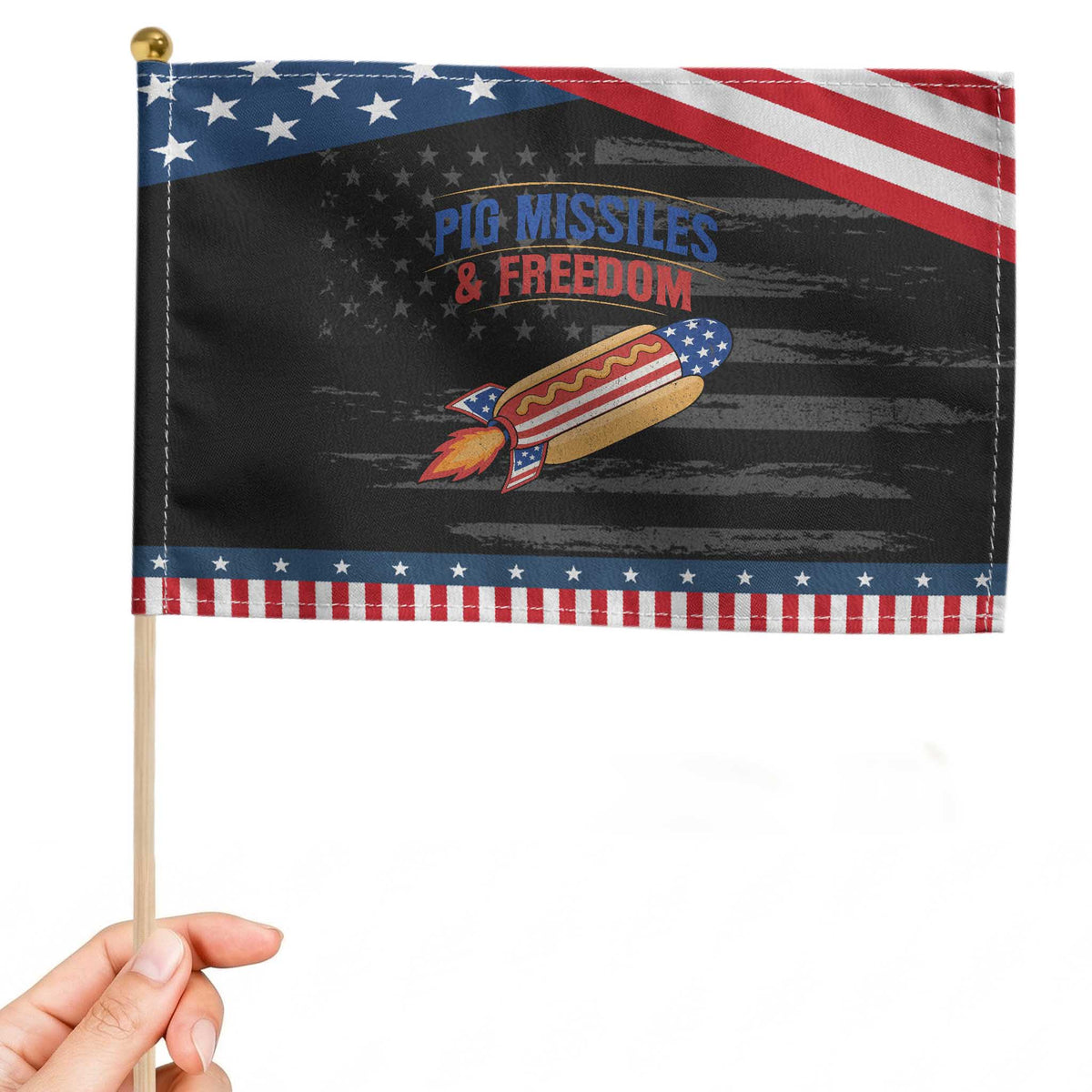 Pig Missiles And Freedom Hot Dog 4th of July Humor Patriotic Handheld Flag