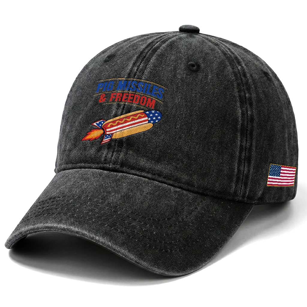 Pig Missiles And Freedom Hot Dog 4th of July Humor Washed Cotton Baseball Cap
