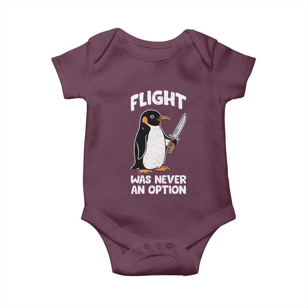 Penguin Flight Was Never An Option Baby Onesie Funny Dark Humor