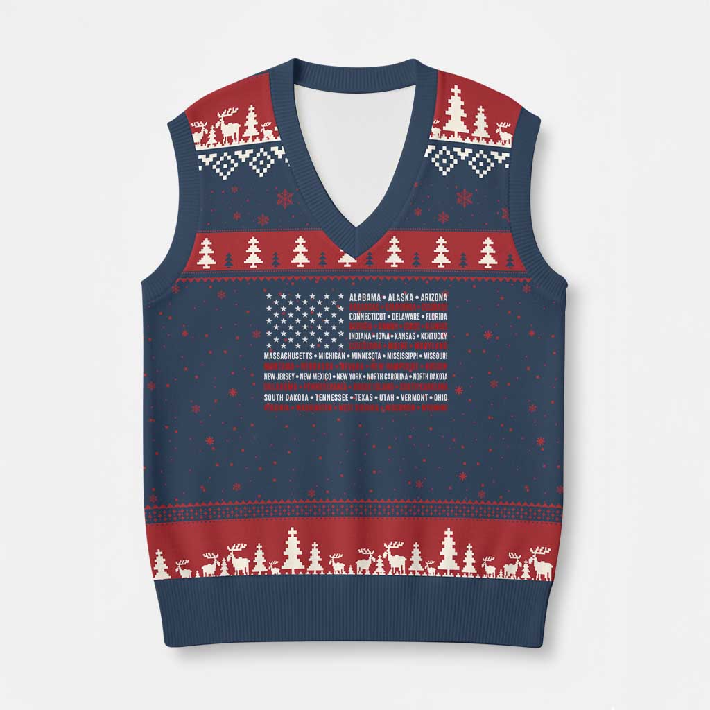 50 US States 4th of July Vintage American Flag V-Neck Knit Sweater Vest