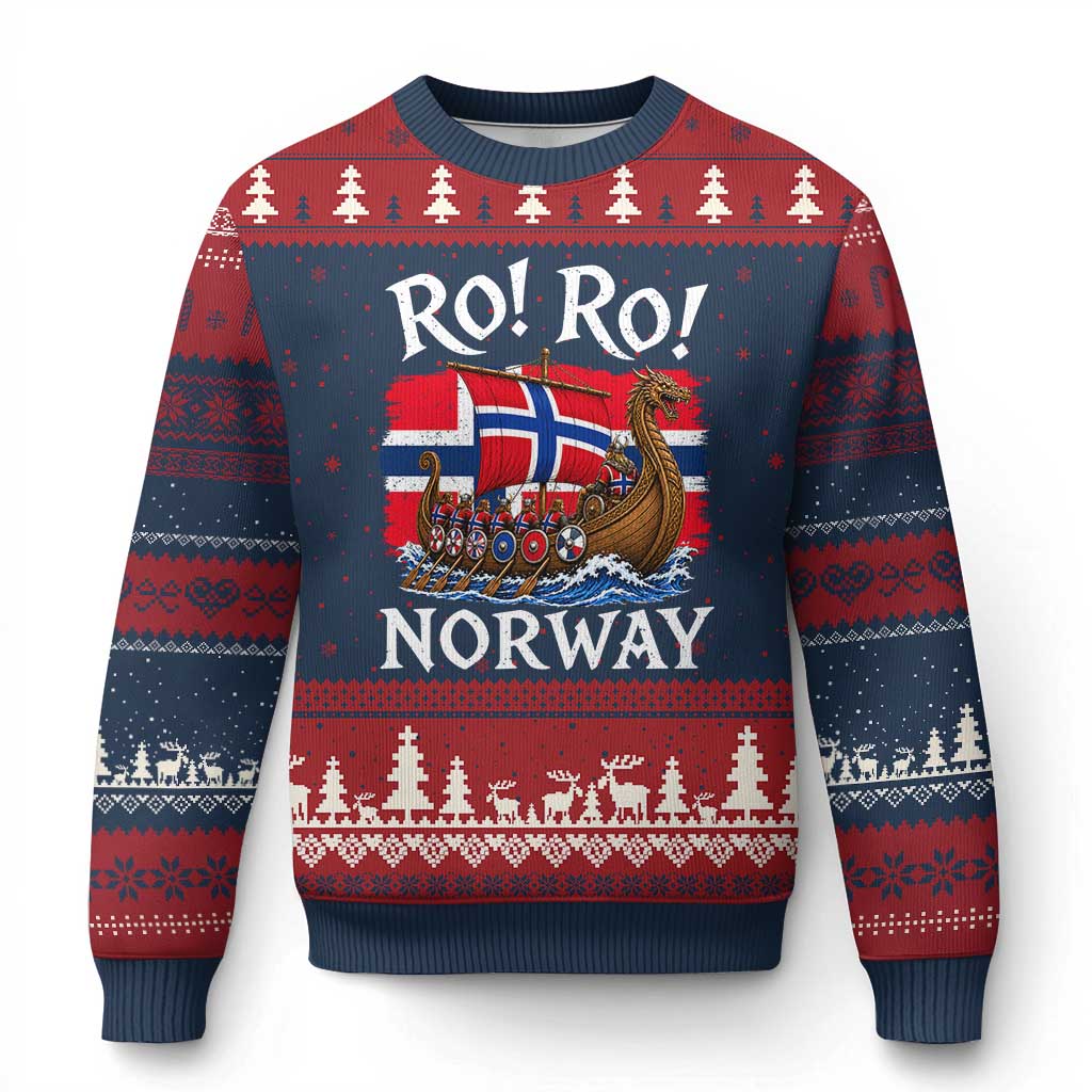 Ro Ro Norway Viking Row Ugly Christmas Sweater Norwegian Flag Longship for Norge Football Fan