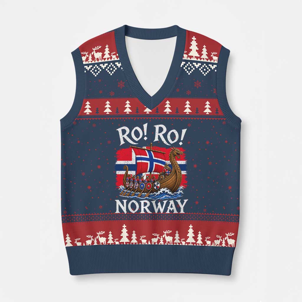 Ro Ro Norway Viking Row V-Neck Knit Sweater Vest Norwegian Flag Longship for Norge Football Fan