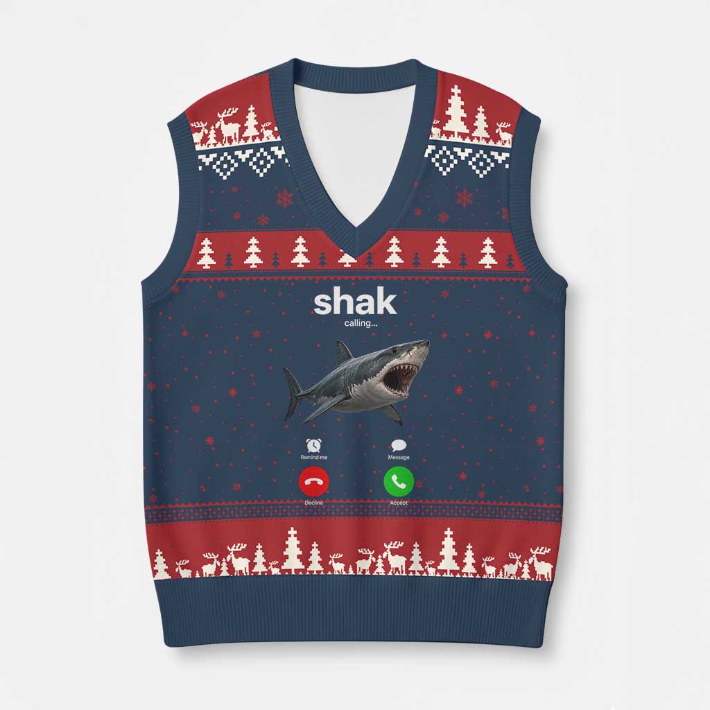 Shark Calling Meme Mispelled Shak Incoming Call Humor V-Neck Knit Sweater Vest