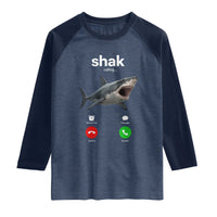 Shark Calling Meme Mispelled Shak Incoming Call Humor Raglan Shirt