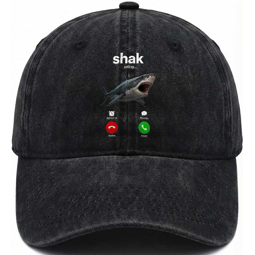 Shark Calling Meme Mispelled Shak Incoming Call Humor Washed Cotton Baseball Cap