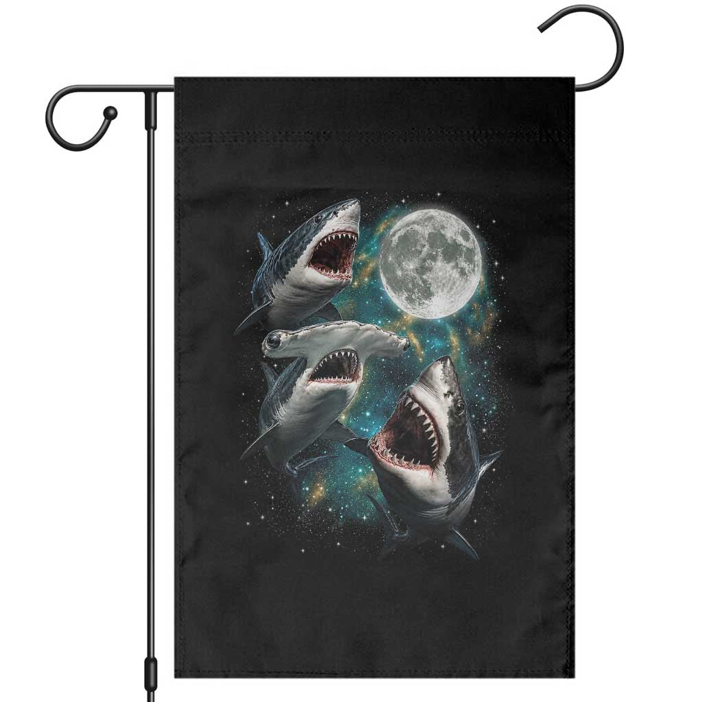 Funny Sharks Howling at Moon Garden Flag Funny Great White Sharks and Hammerhead Shark