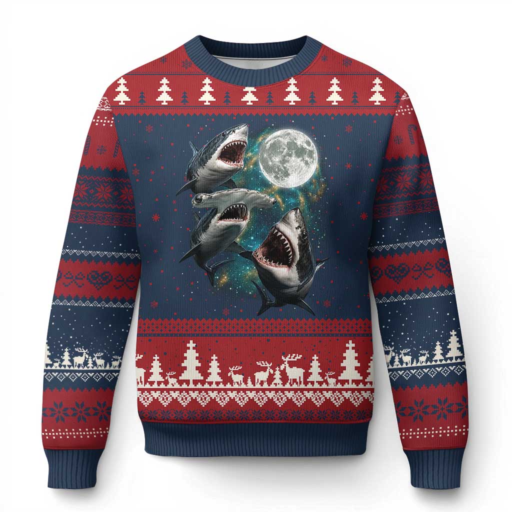 Funny Sharks Howling at Moon Ugly Christmas Sweater Funny Great White Sharks and Hammerhead Shark