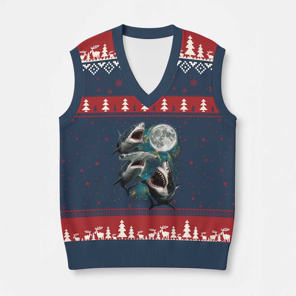 Funny Sharks Howling at Moon V-Neck Knit Sweater Vest Funny Great White Sharks and Hammerhead Shark