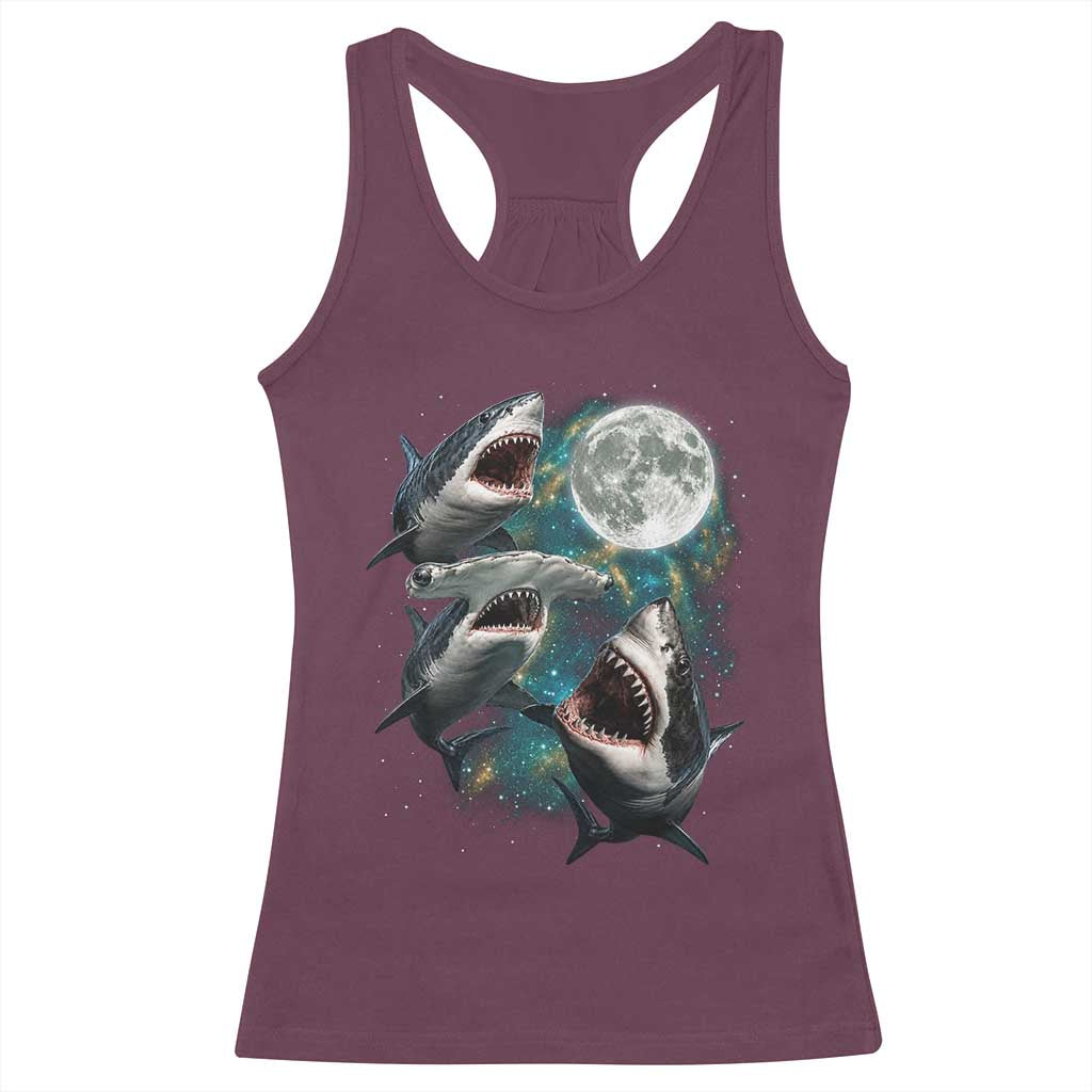 Funny Sharks Howling at Moon Racerback Tank Top Funny Great White Sharks and Hammerhead Shark
