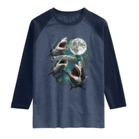 Funny Sharks Howling at Moon Raglan Shirt Funny Great White Sharks and Hammerhead Shark