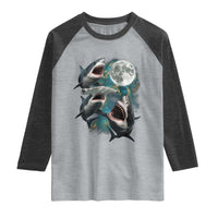 Funny Sharks Howling at Moon Raglan Shirt Funny Great White Sharks and Hammerhead Shark
