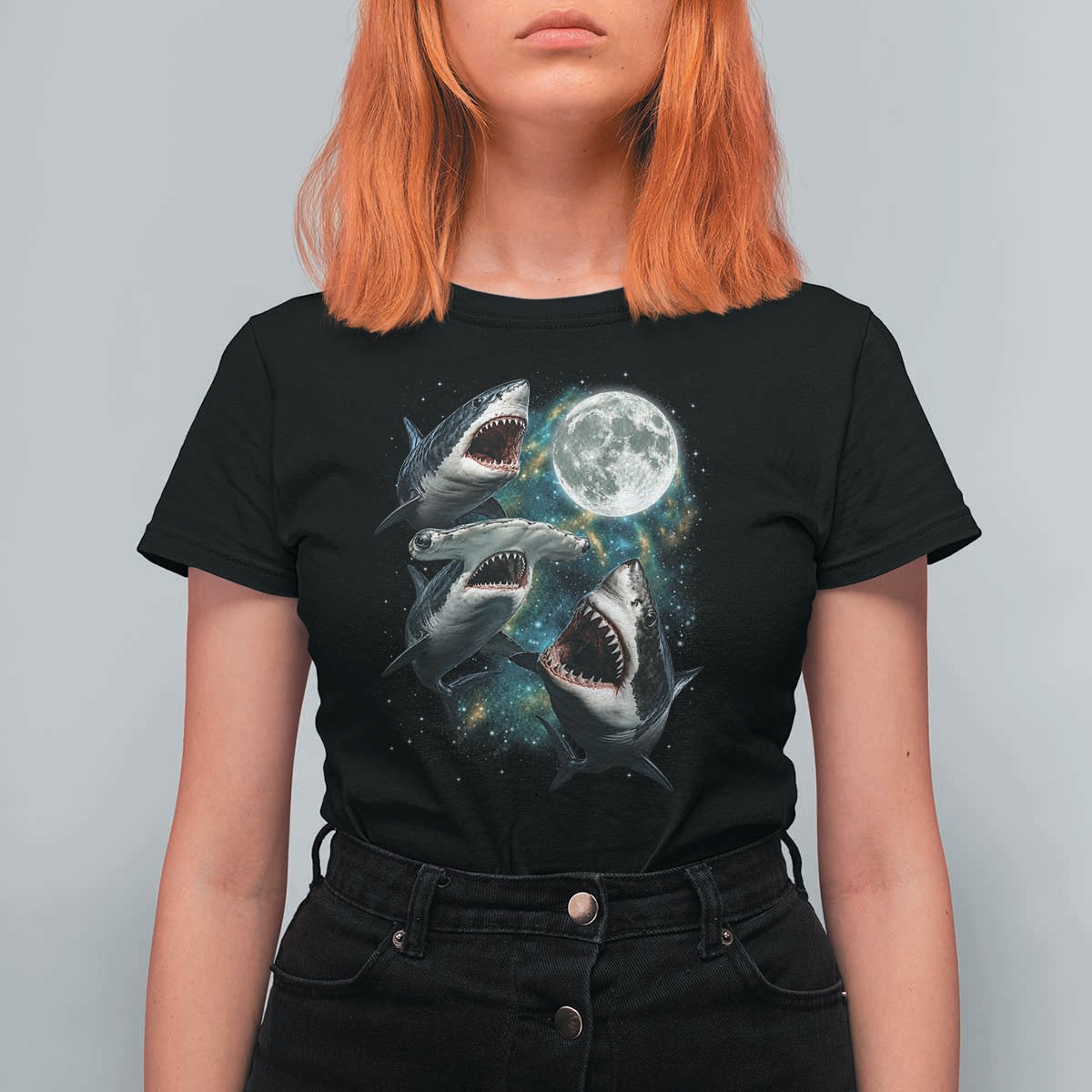 Funny Sharks Howling at Moon T Shirt For Women Funny Great White Sharks and Hammerhead Shark
