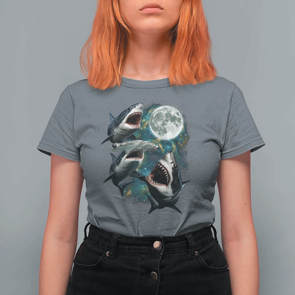 Funny Sharks Howling at Moon T Shirt For Women Funny Great White Sharks and Hammerhead Shark