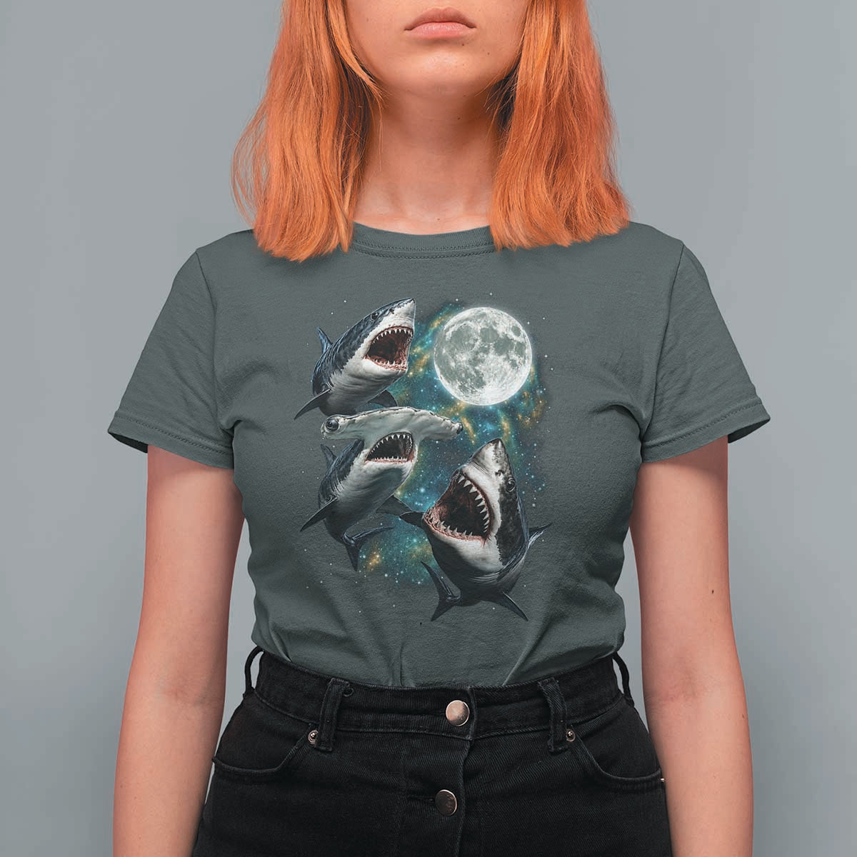 Funny Sharks Howling at Moon T Shirt For Women Funny Great White Sharks and Hammerhead Shark