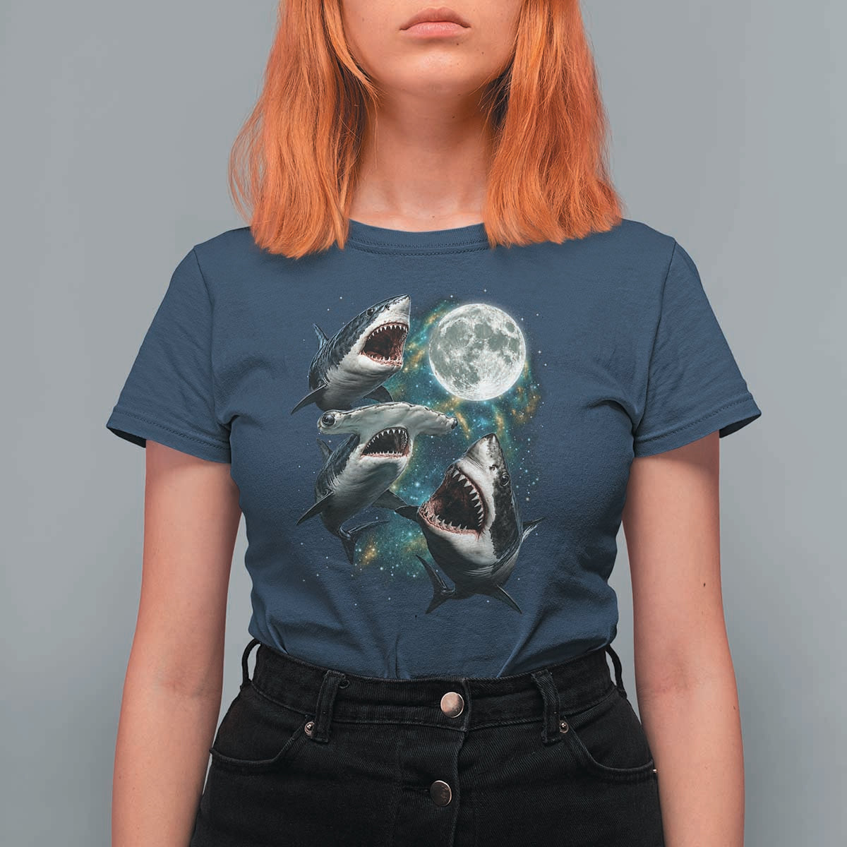 Funny Sharks Howling at Moon T Shirt For Women Funny Great White Sharks and Hammerhead Shark