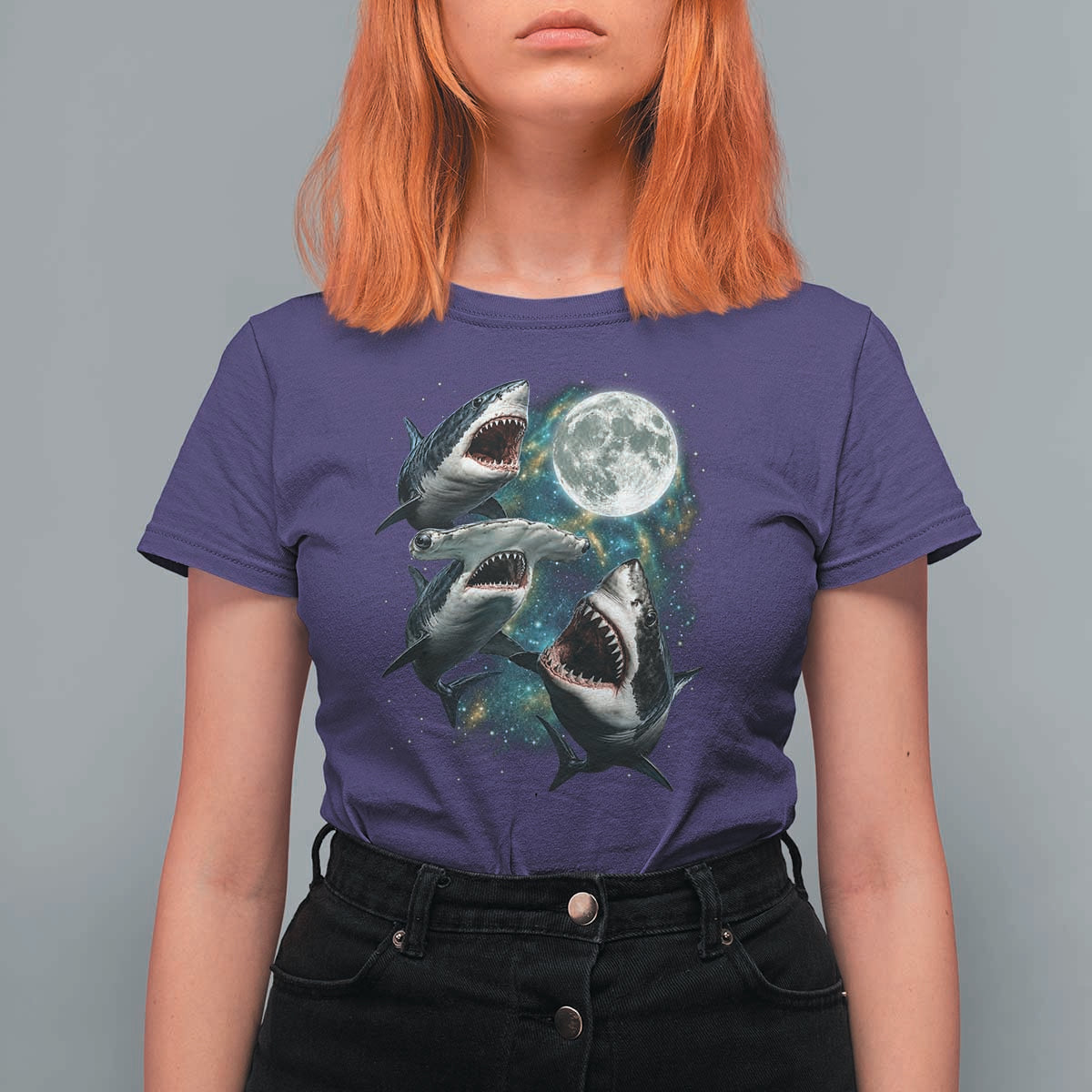 Funny Sharks Howling at Moon T Shirt For Women Funny Great White Sharks and Hammerhead Shark