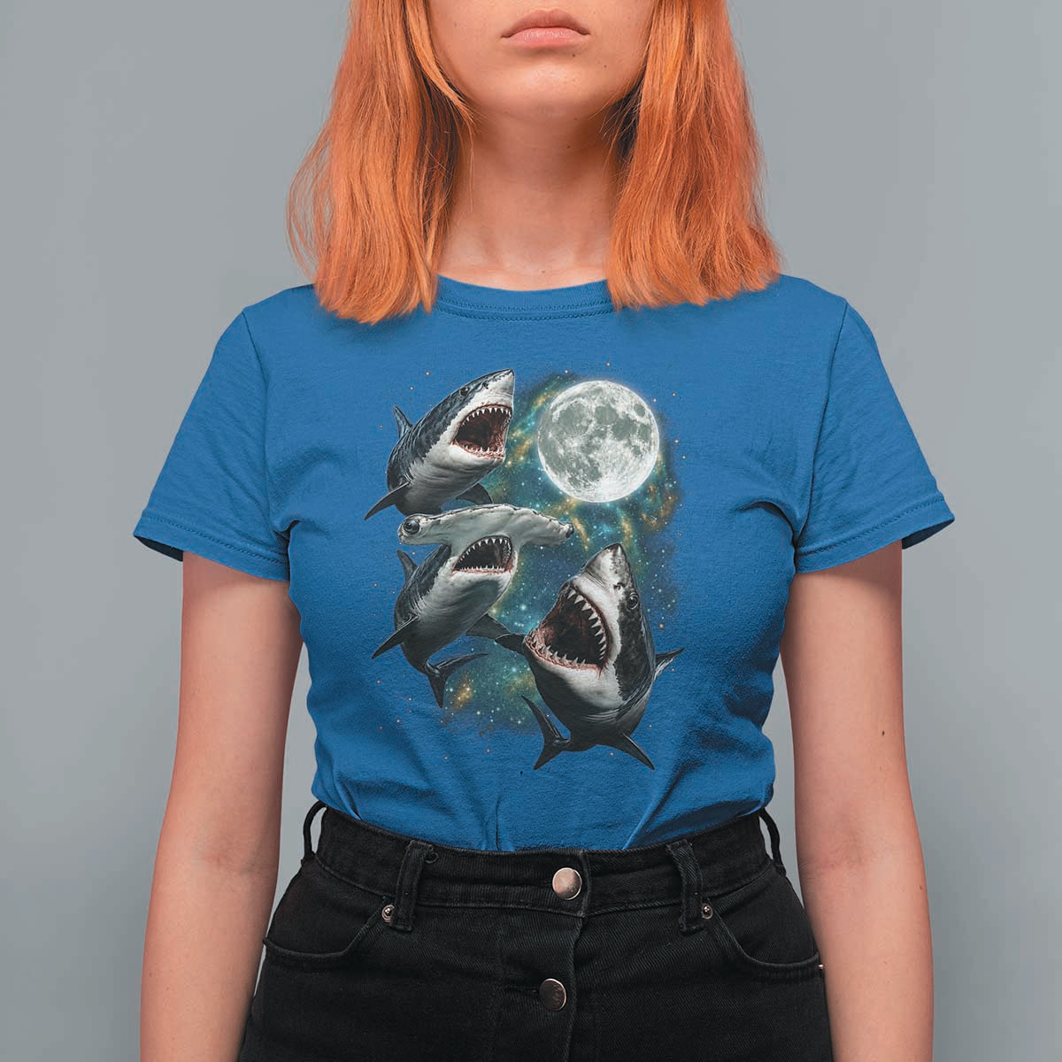 Funny Sharks Howling at Moon T Shirt For Women Funny Great White Sharks and Hammerhead Shark
