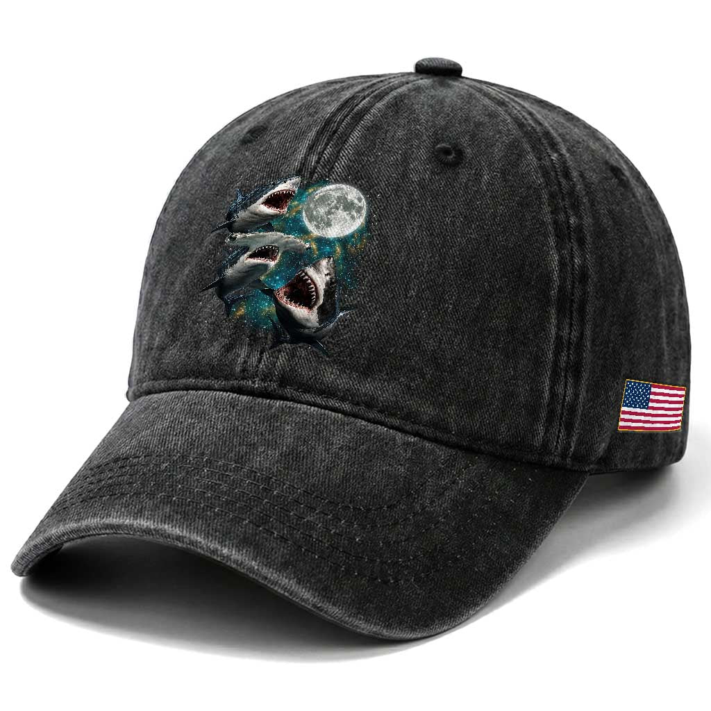 Funny Sharks Howling at Moon Washed Cotton Baseball Cap Funny Great White Sharks and Hammerhead Shark