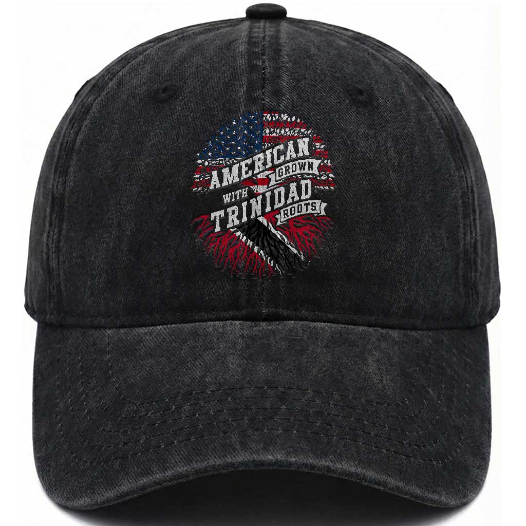American Grown WIth Trinidad Roots Washed Cotton Baseball Cap Proud Trinidadian and Tobagonian Americans