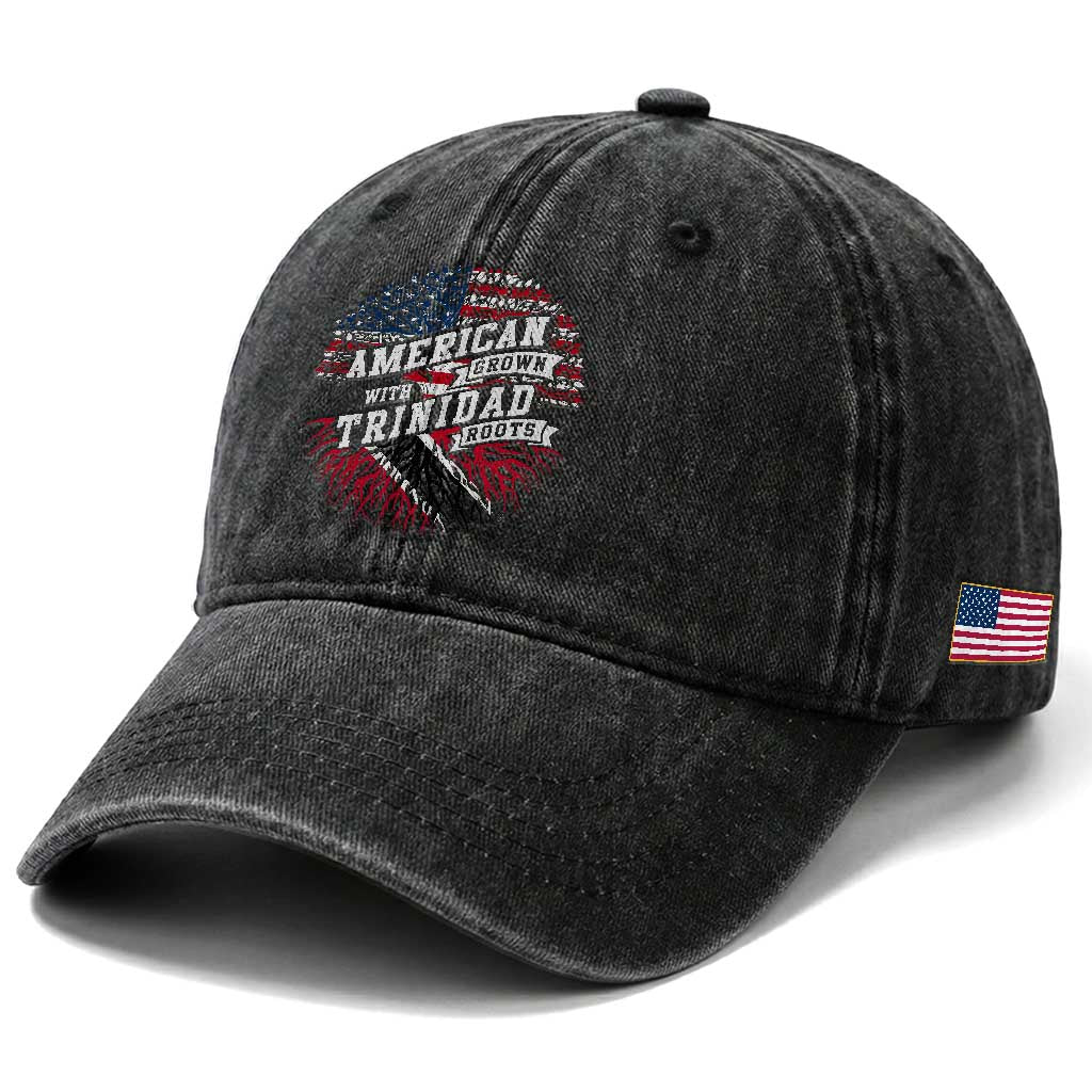 American Grown WIth Trinidad Roots Washed Cotton Baseball Cap Proud Trinidadian and Tobagonian Americans