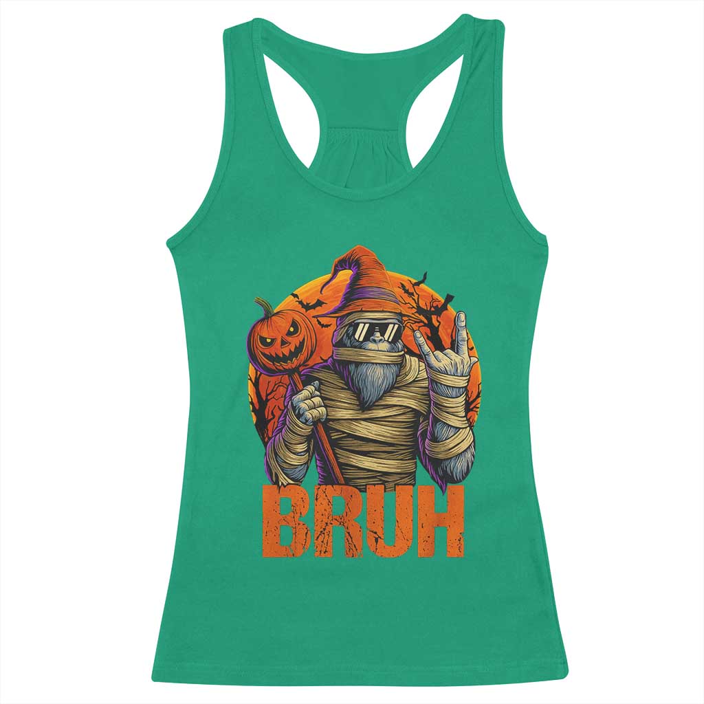 Funny Halloween Bigfoot Racerback Tank Top Bruh Spooky Mummy Sasquatch Jack O Lantern - Wonder Print Shop