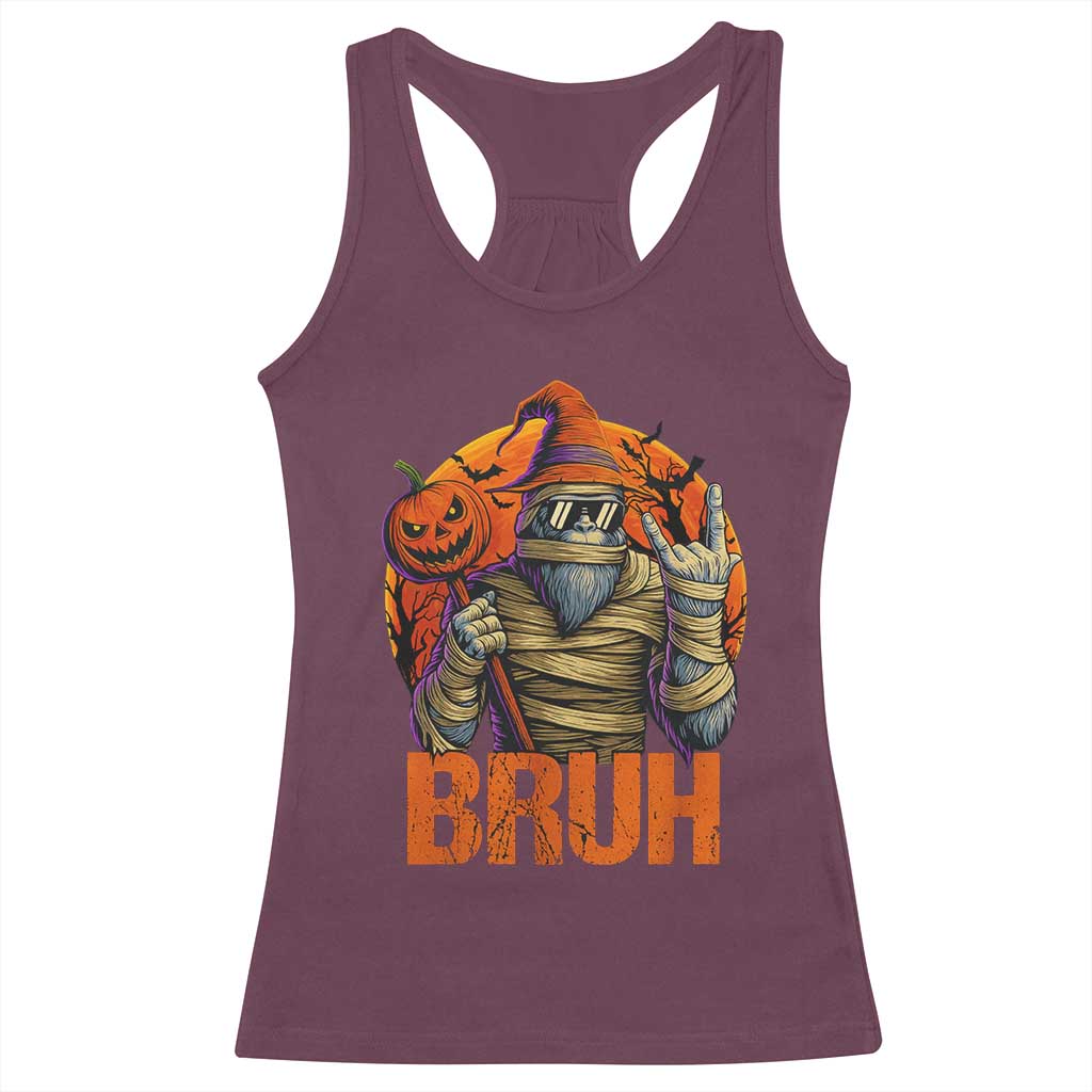 Funny Halloween Bigfoot Racerback Tank Top Bruh Spooky Mummy Sasquatch Jack O Lantern - Wonder Print Shop