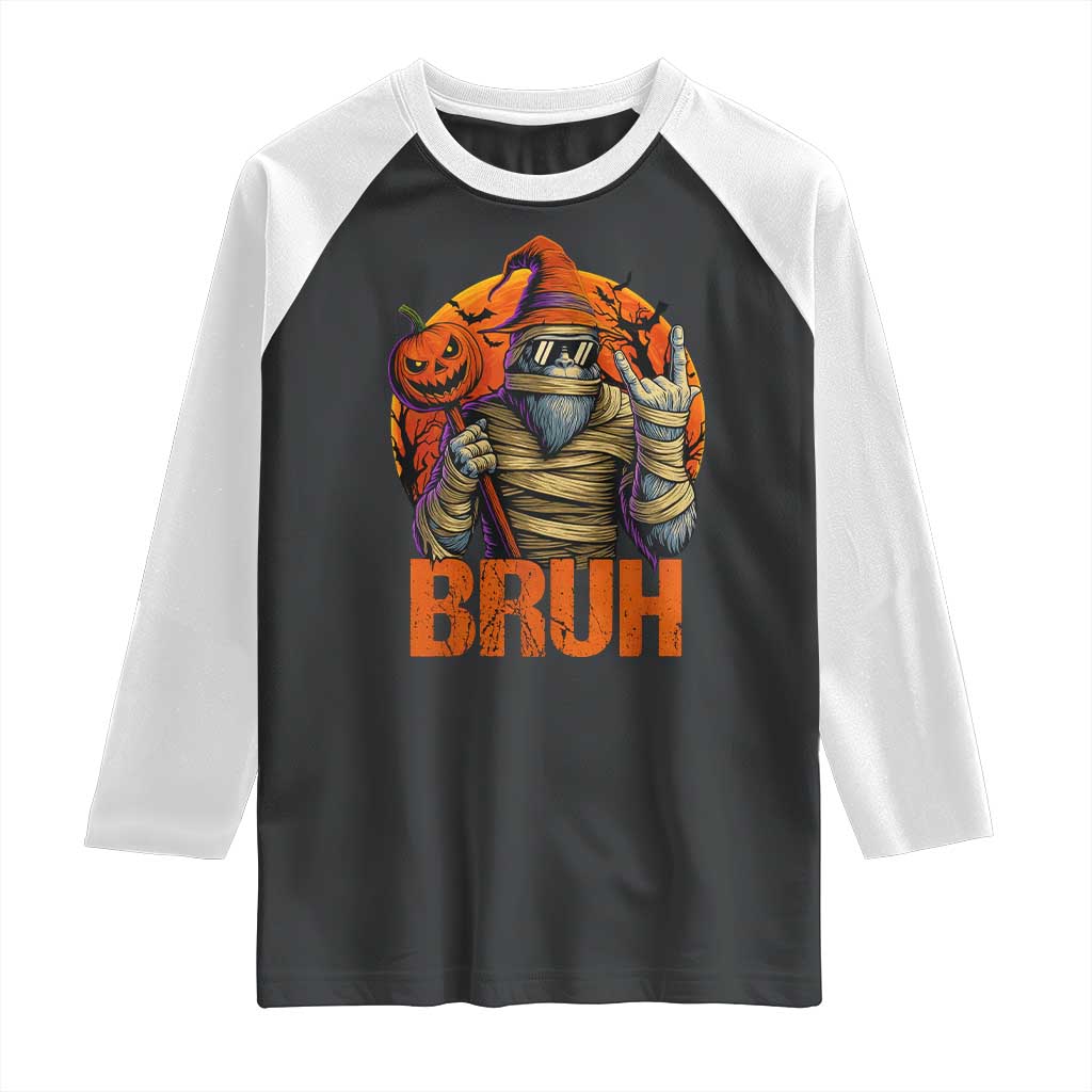Funny Halloween Bigfoot Raglan Shirt Bruh Spooky Mummy Sasquatch Jack O Lantern - Wonder Print Shop