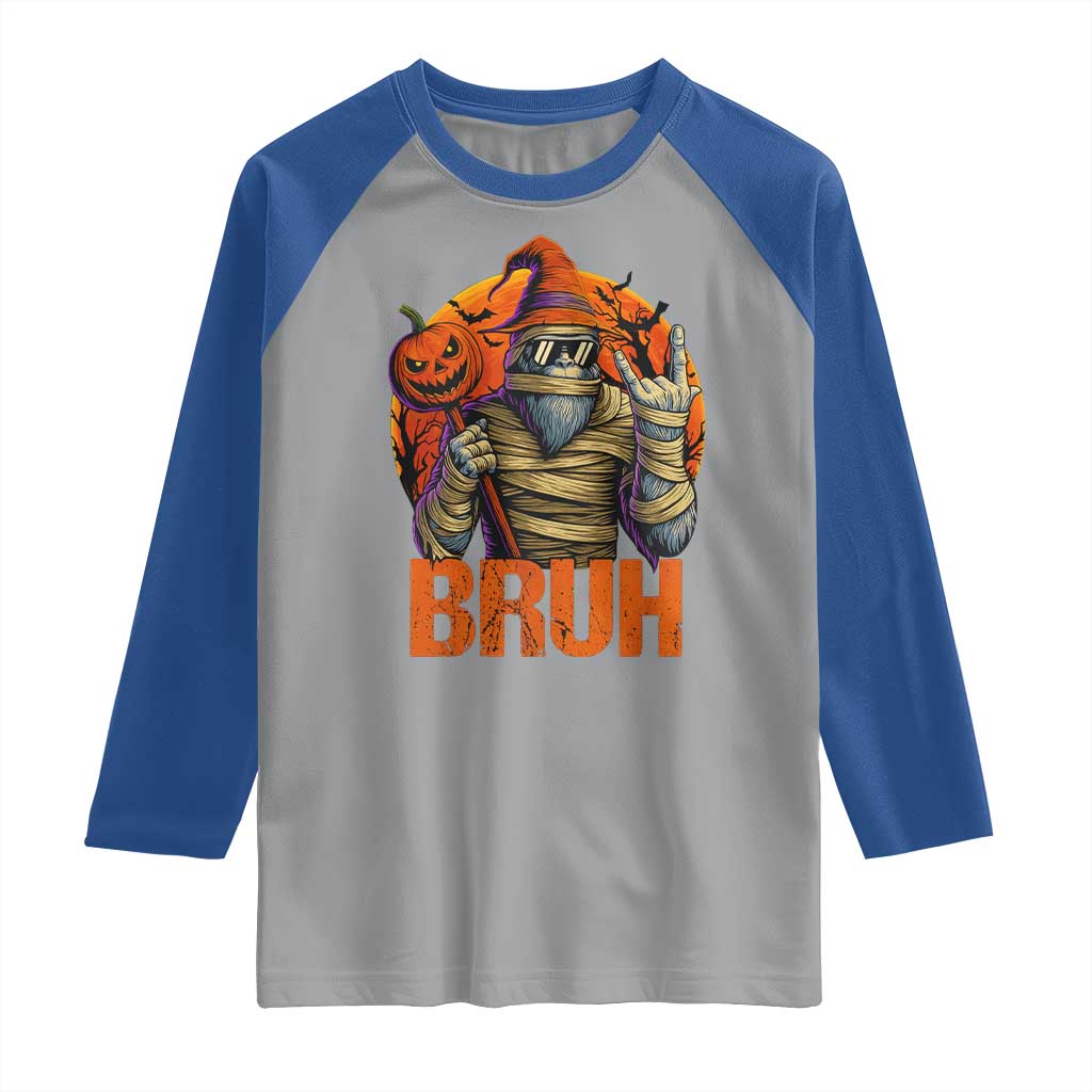 Funny Halloween Bigfoot Raglan Shirt Bruh Spooky Mummy Sasquatch Jack O Lantern - Wonder Print Shop