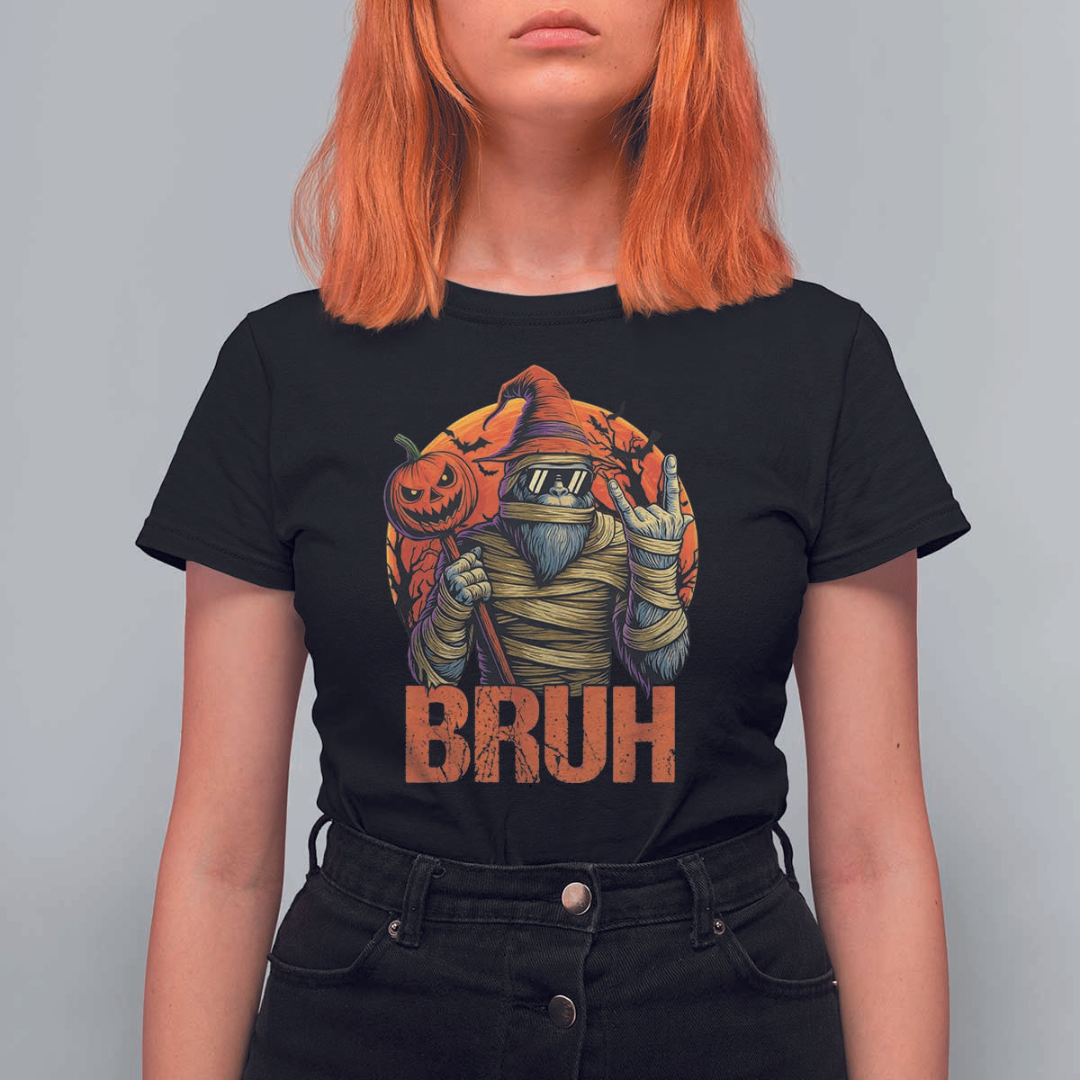 Funny Halloween Bigfoot T Shirt For Women Bruh Spooky Mummy Sasquatch Jack O Lantern - Wonder Print Shop