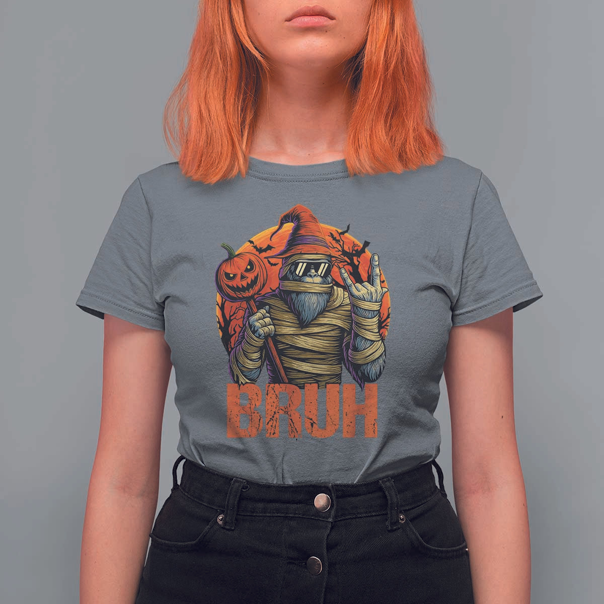 Funny Halloween Bigfoot T Shirt For Women Bruh Spooky Mummy Sasquatch Jack O Lantern - Wonder Print Shop