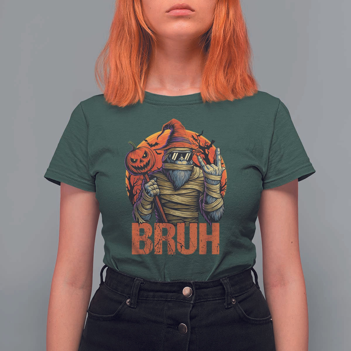 Funny Halloween Bigfoot T Shirt For Women Bruh Spooky Mummy Sasquatch Jack O Lantern - Wonder Print Shop