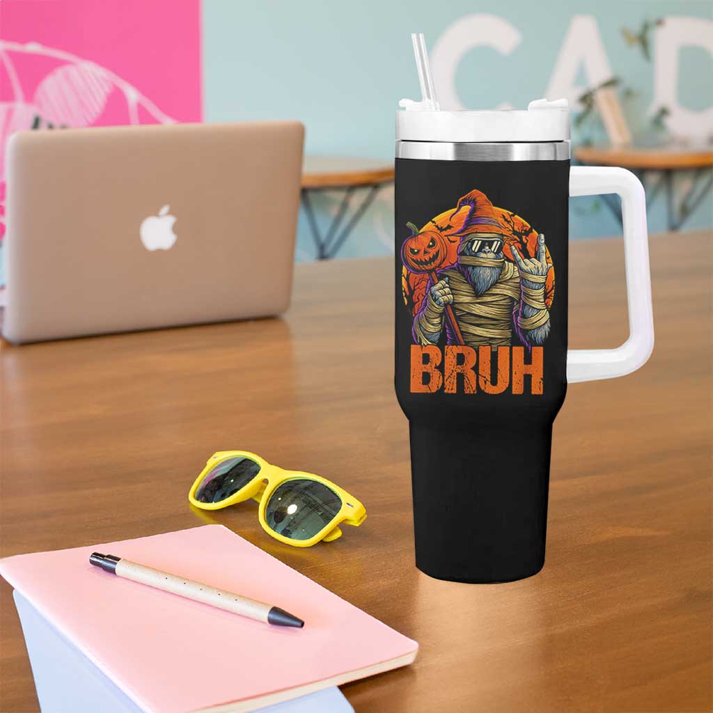 Funny Halloween Bigfoot Tumbler With Handle Bruh Spooky Mummy Sasquatch Jack O Lantern - Wonder Print Shop